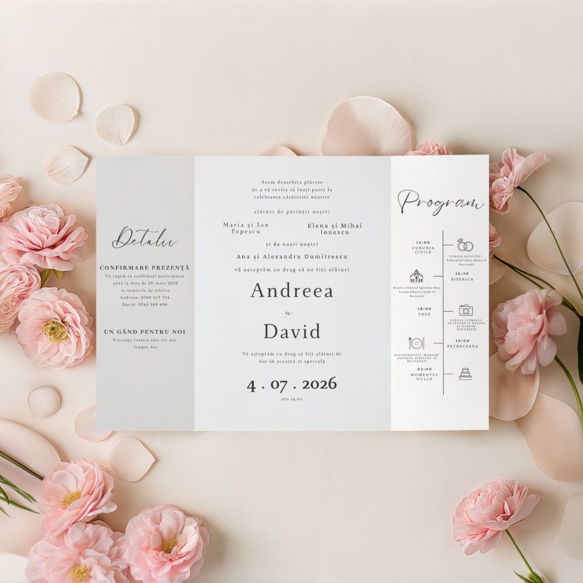 Invitație Nuntă cu Programul Evenimentului - Design Floral Pastel – imagine 1