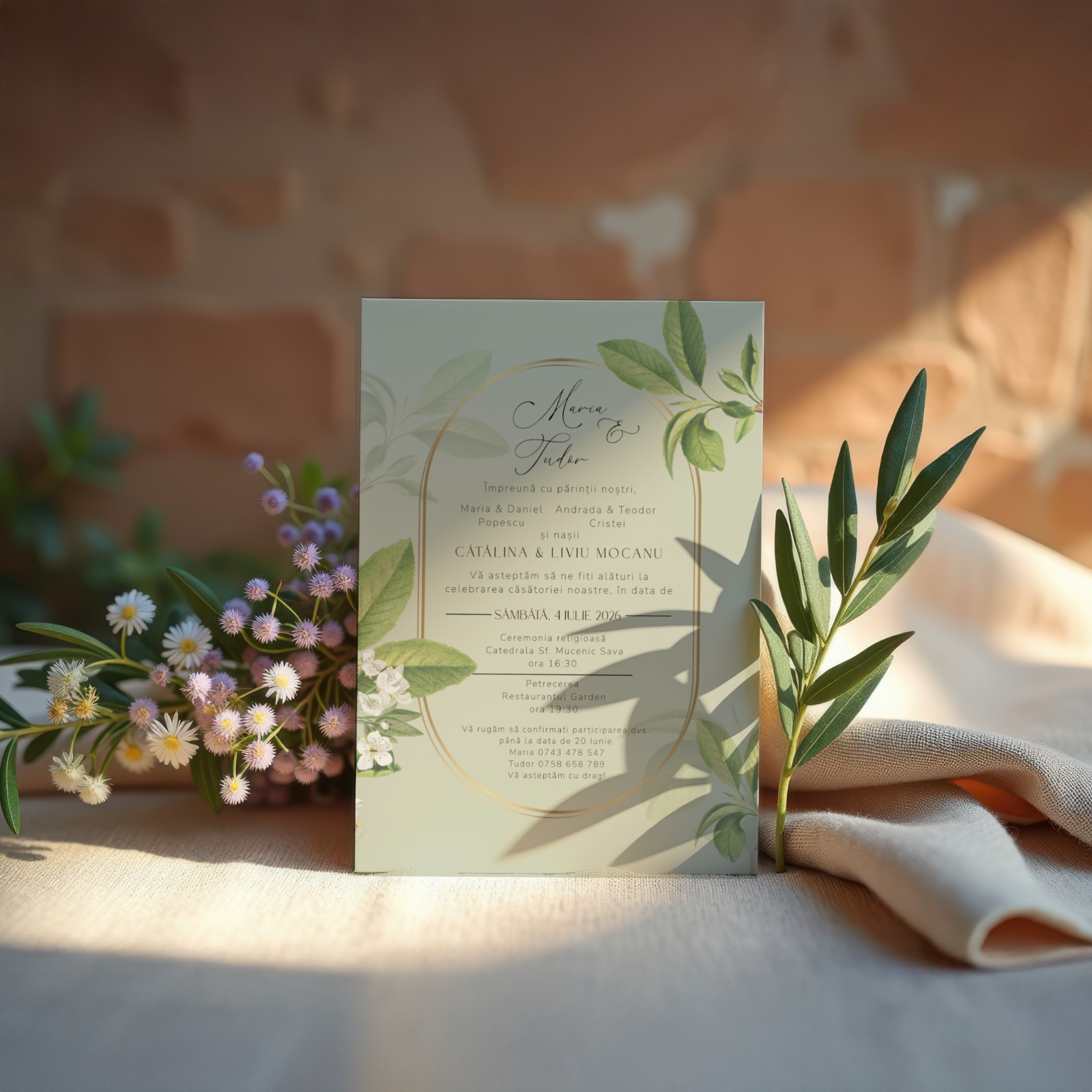 Invitație de Nuntă Greenery cu Chenar Auriu – imagine 1
