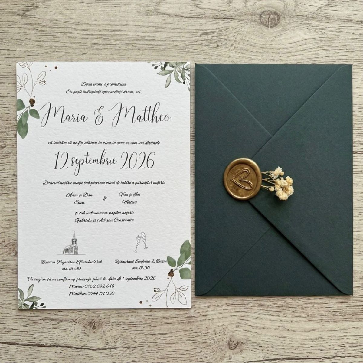 Invitație Nuntă Greenery cu Plic Verde Forest - Sigiliu Ceară și Flori Uscate – imagine 1