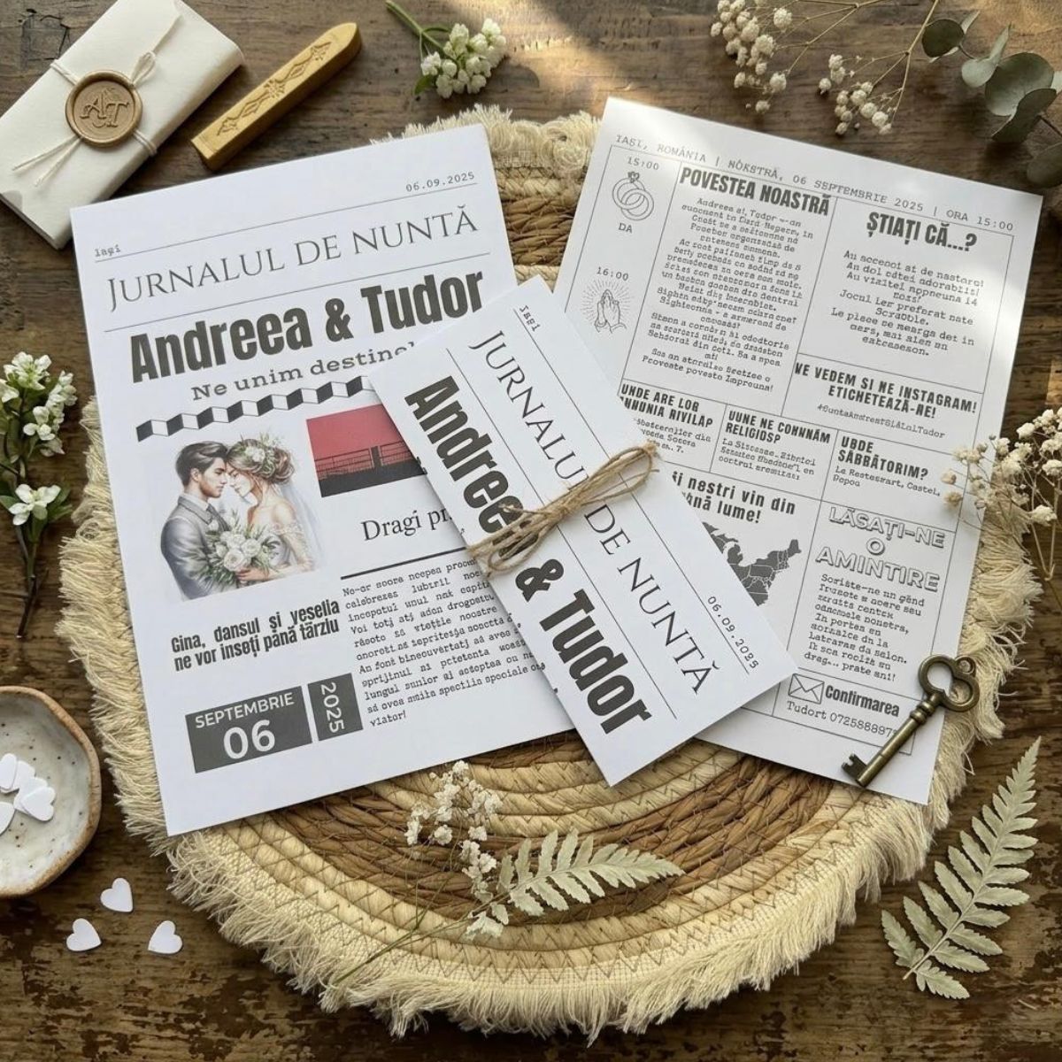 Invitație Nuntă Tip Ziar - Design Retro Original cu Sfoară Naturală – imagine 1