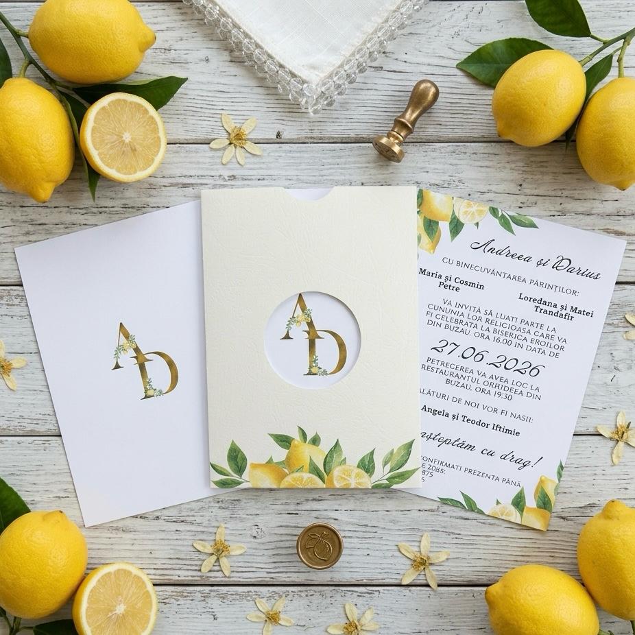 Invitatie nunta cu lamaie tematica mediteraneana eleganta – imagine 1