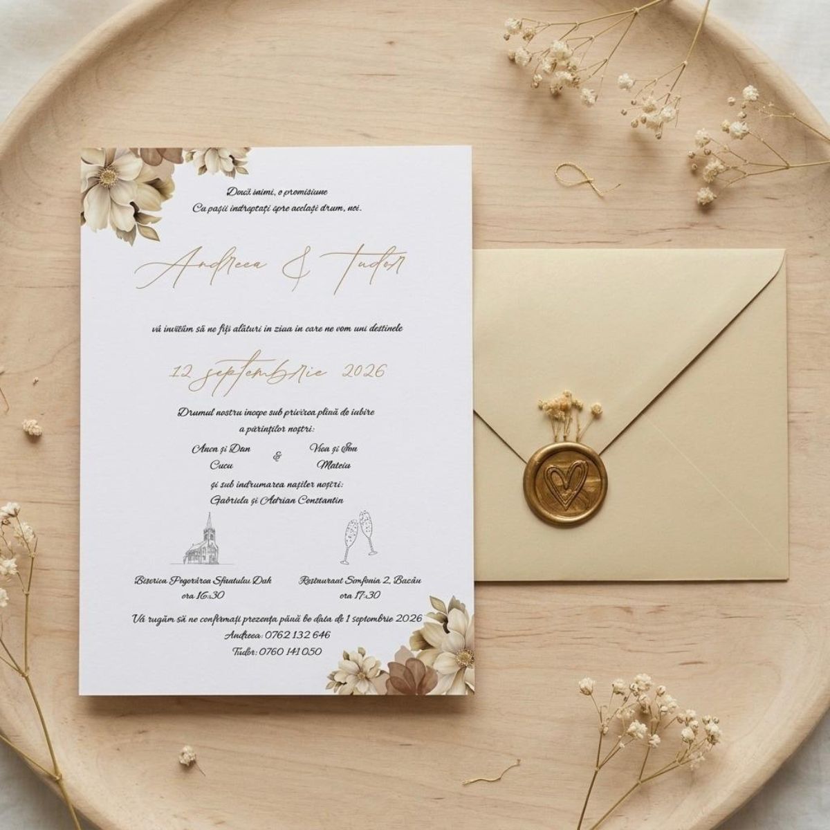 Invitație Nuntă Boho-Elegant - Design Flori Nude și Sigiliu Ceară Aurie – imagine 1