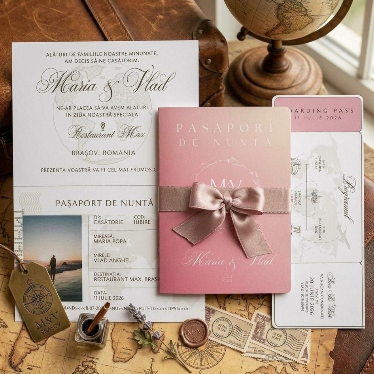 Invitație Nuntă Tip Pașaport cu Boarding Pass - Tematică Călătorie – imagine 2