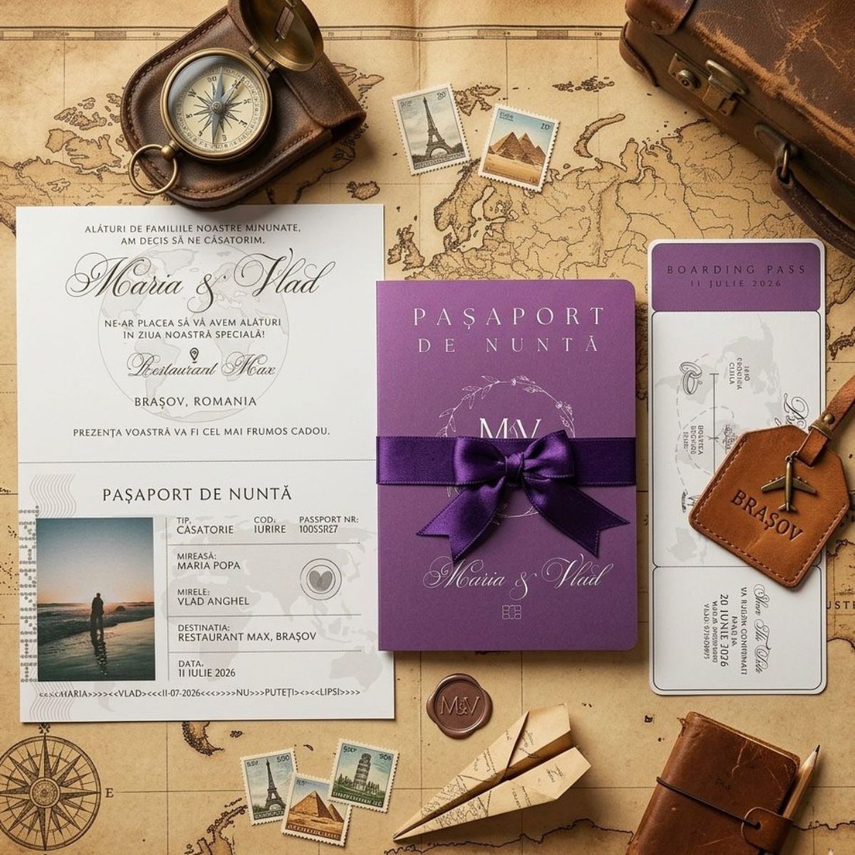 Invitație Nuntă Tip Pașaport cu Boarding Pass - Tematică Călătorie – imagine 3