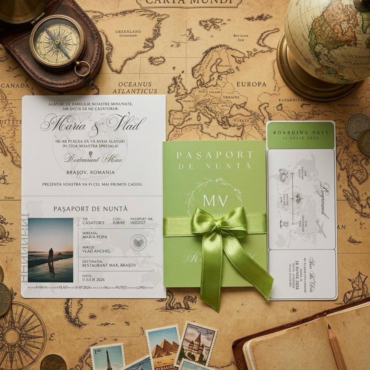 Invitație Nuntă Tip Pașaport cu Boarding Pass - Tematică Călătorie – imagine 4