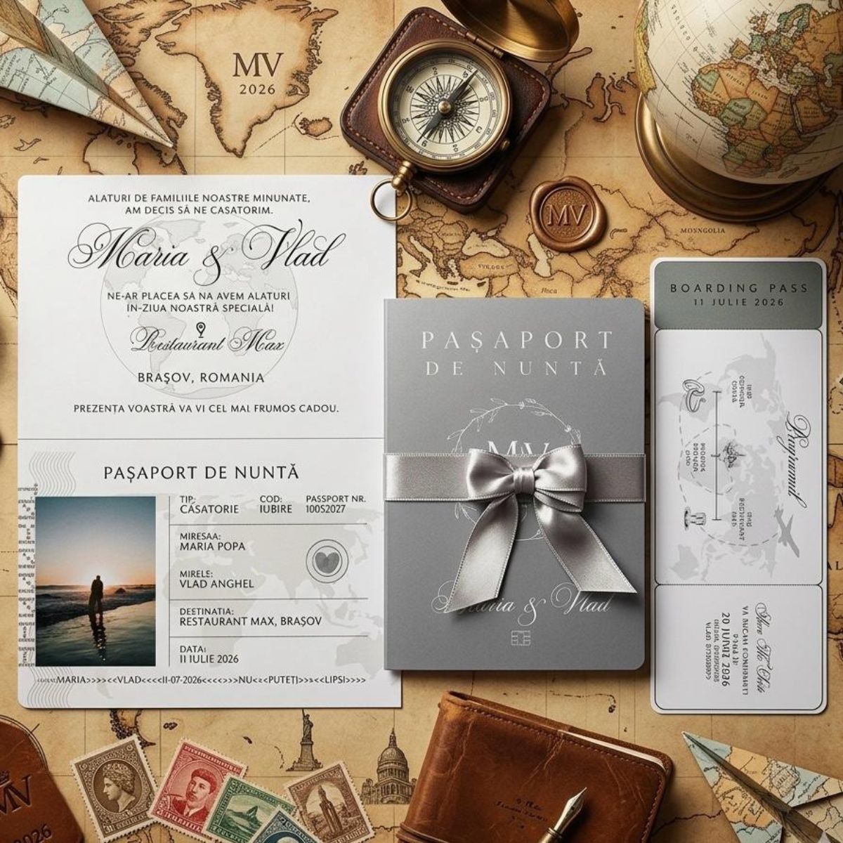 Invitație Nuntă Tip Pașaport cu Boarding Pass - Tematică Călătorie – imagine 5