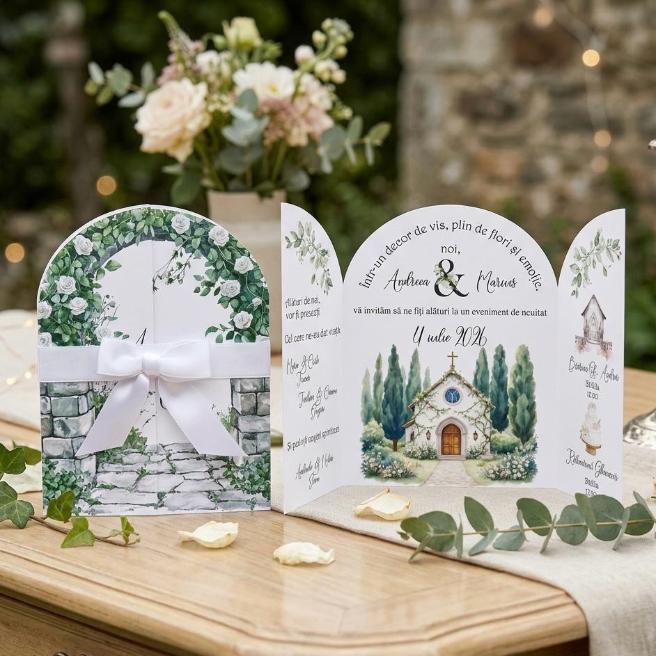Invitație de nuntă tip poartă de basm cu fundă albă – imagine 1