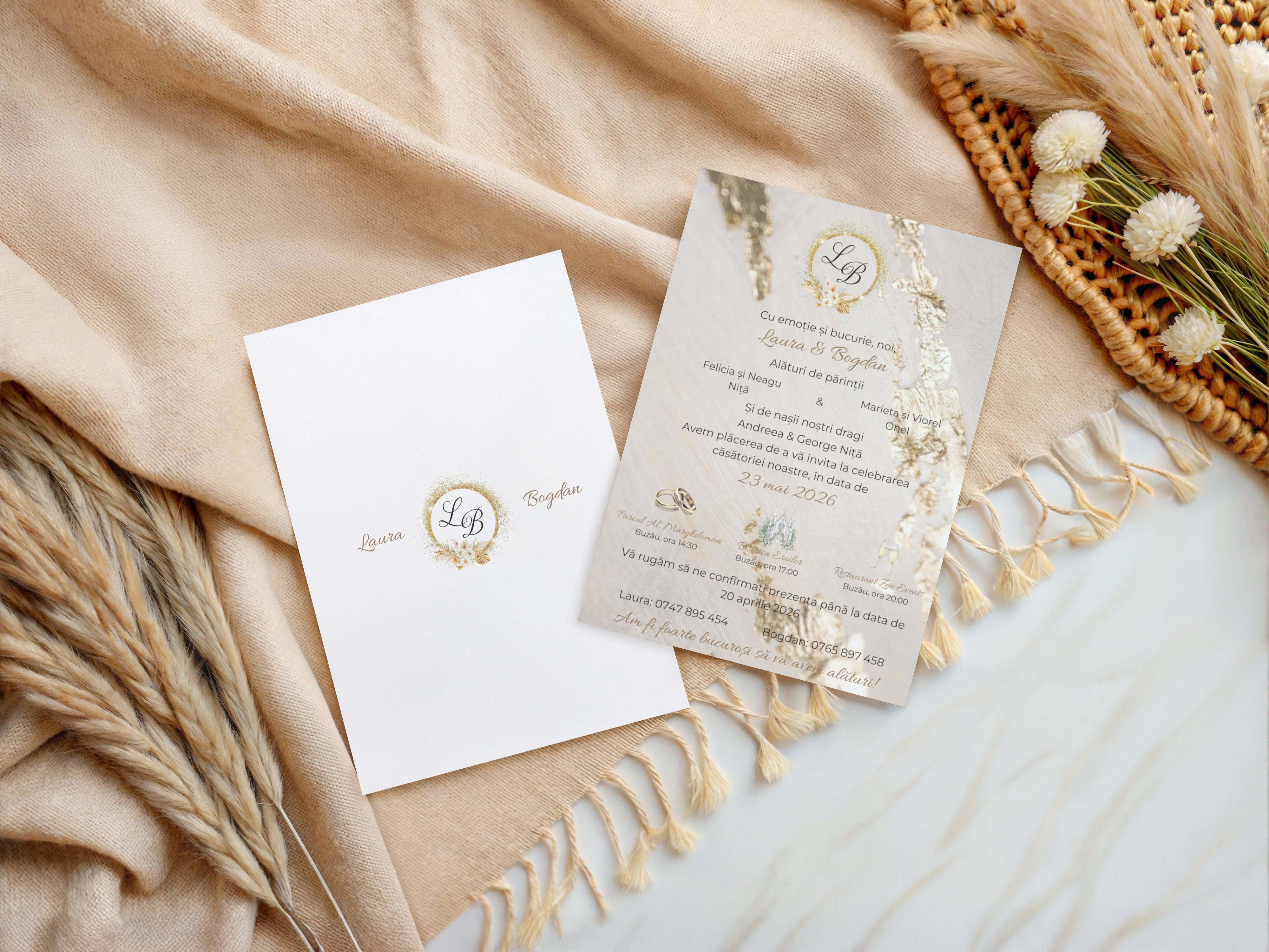 Invitație pergament cu fundă aurie – imagine 2