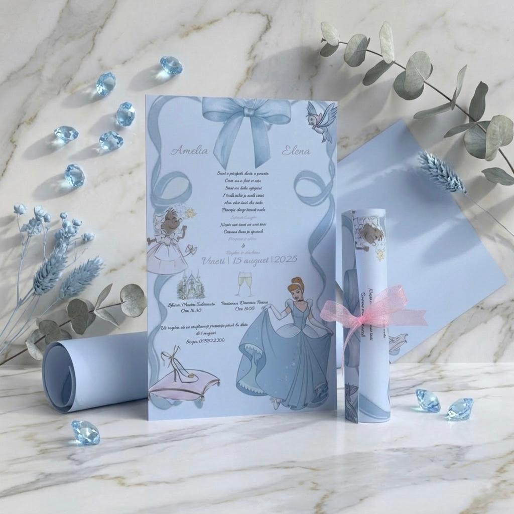 Invitație pergament tematică prințesă bleu cu fundă satin – imagine 1