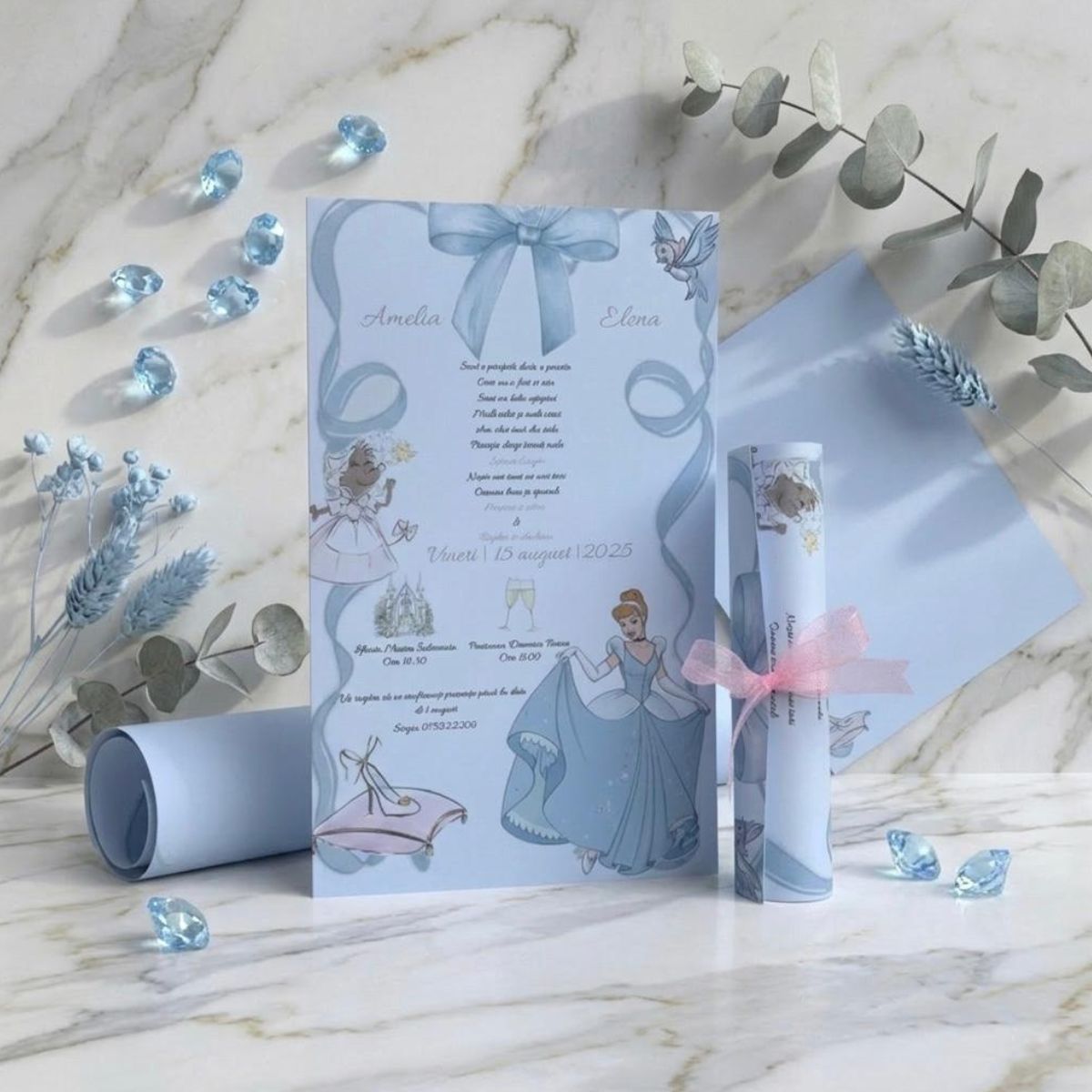 Invitație Botez Tip Pergament - Tematică Prințesă și Basm Bleu – imagine 1