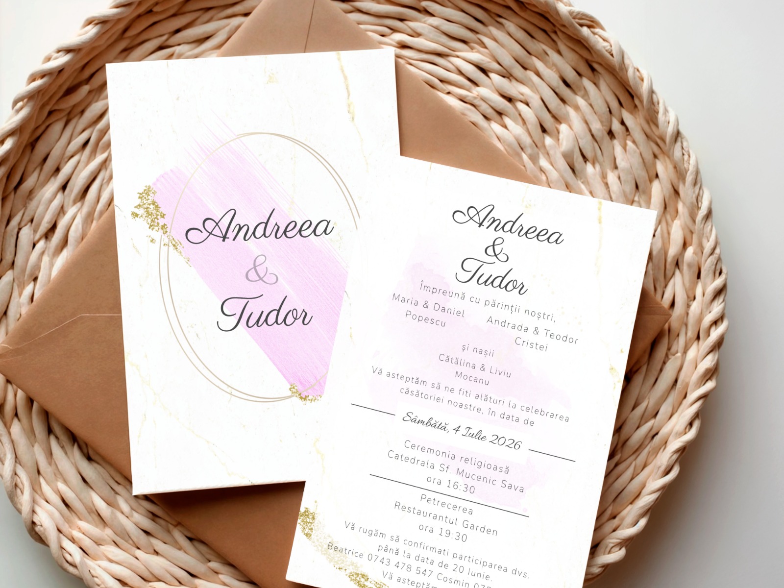 Invitatie nunta eleganta roz si auriu personalizata – imagine 1