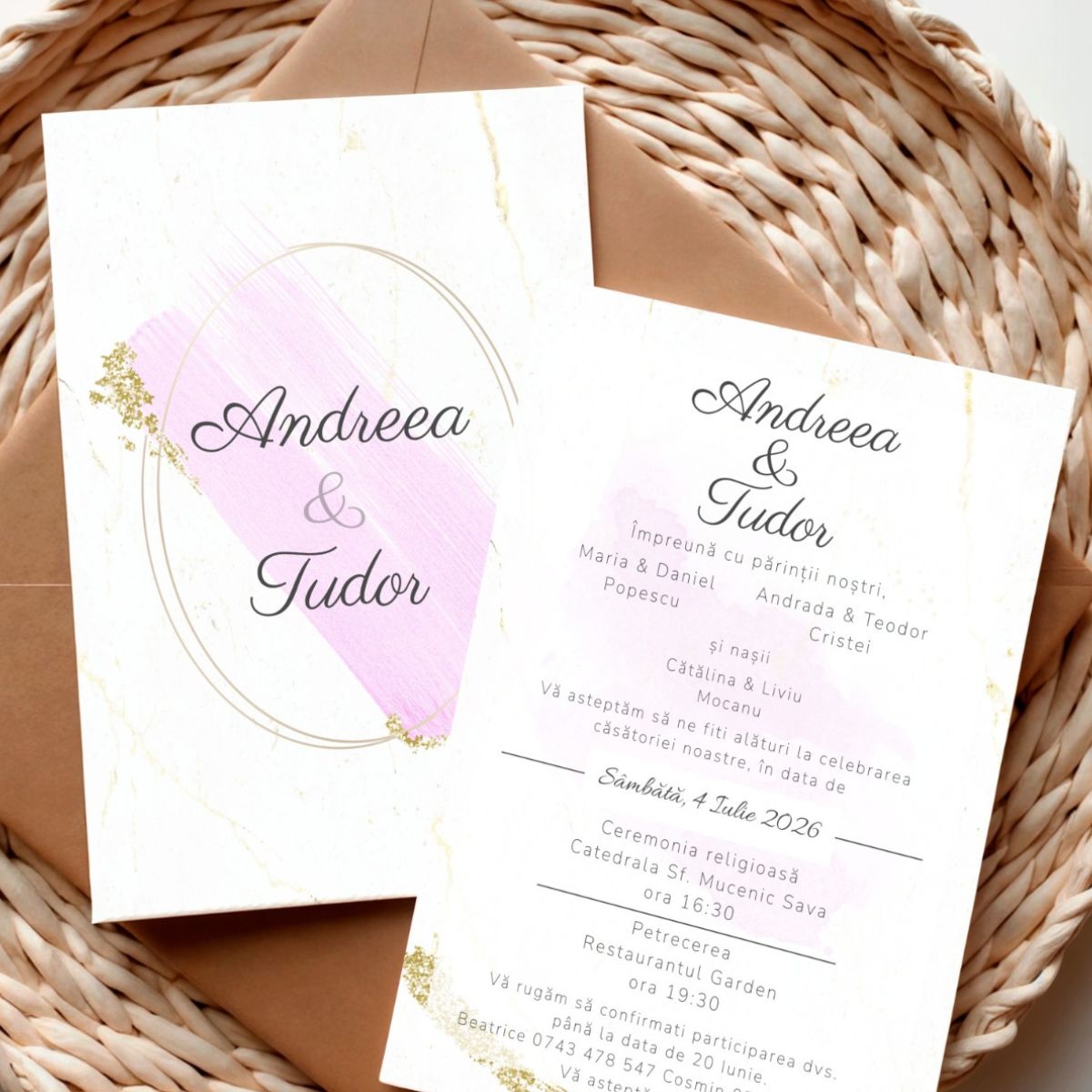 Invitație Nuntă Premium Roz Pastel și Auriu - Design Modern – imagine 1