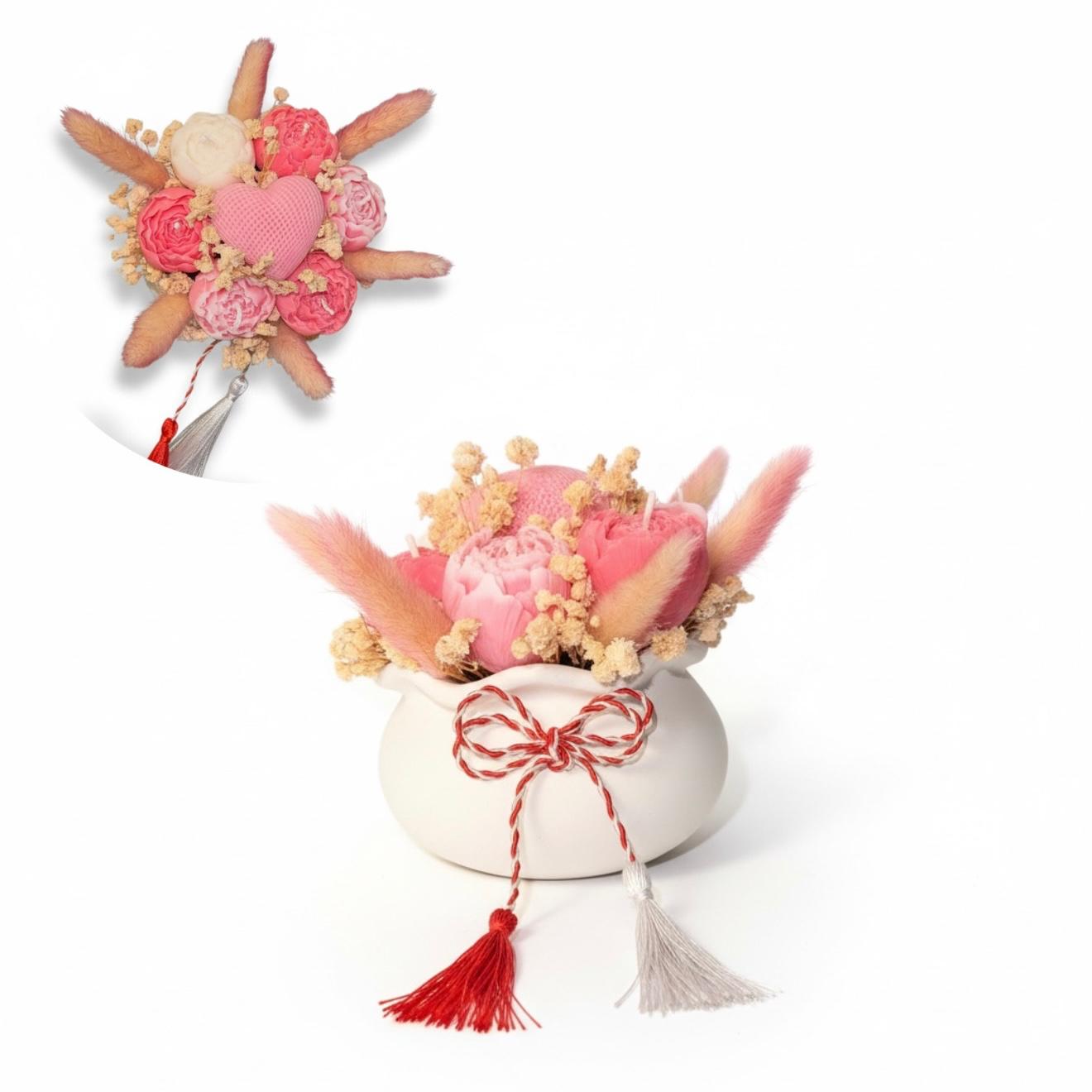 Martisor Aranjament cu Inima si flori din ceara in vas decorativ – imagine 1