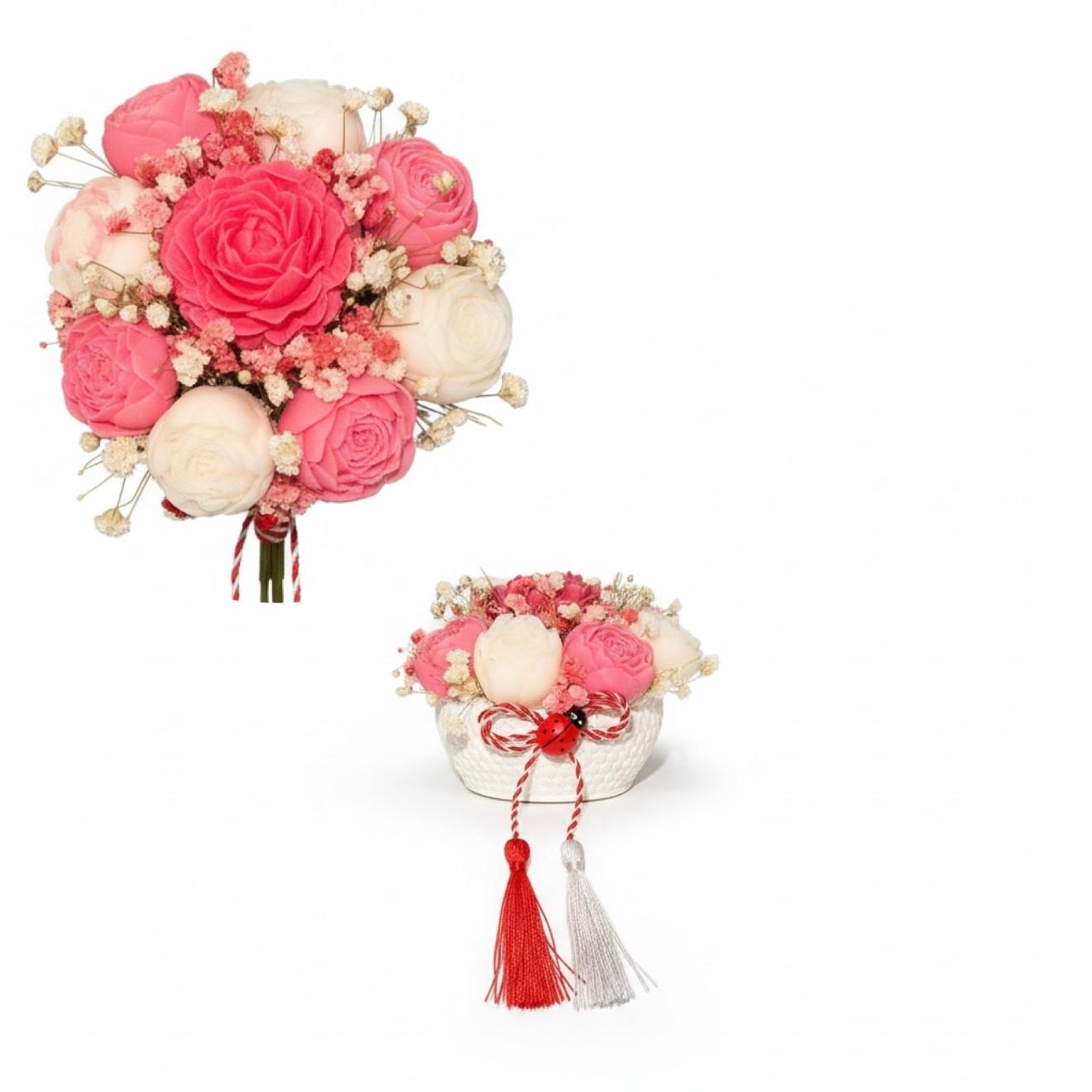 Buchet Martisor Premium cu trandafiri din ceara si flori uscate – imagine 1