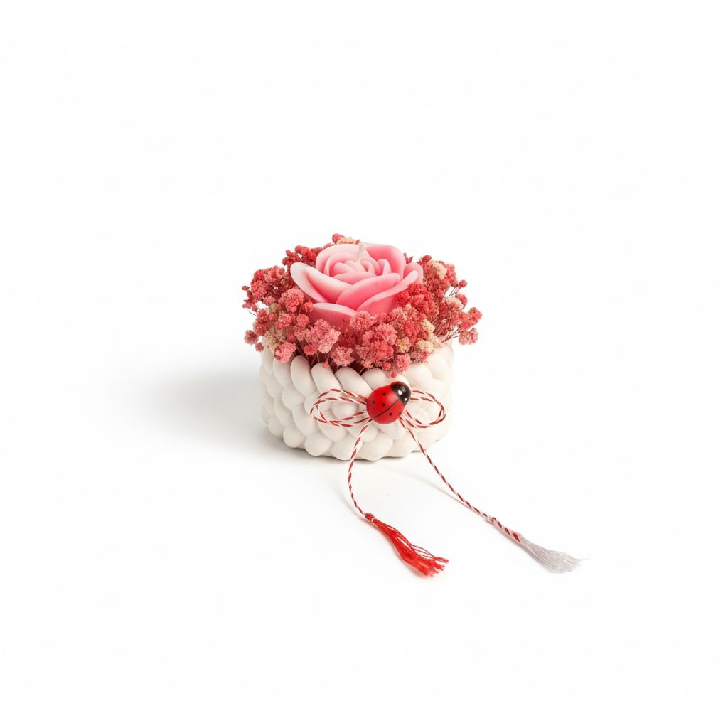 Martisor sub forma de floare din ceara de soia in vas decorativ cu flori uscate – imagine 1