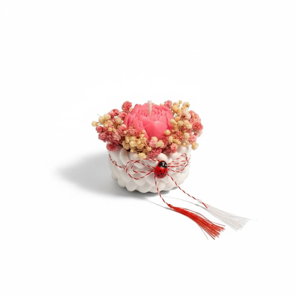 Martisor sub forma de floare din ceara de soia in vas decorativ cu flori uscate – imagine 2