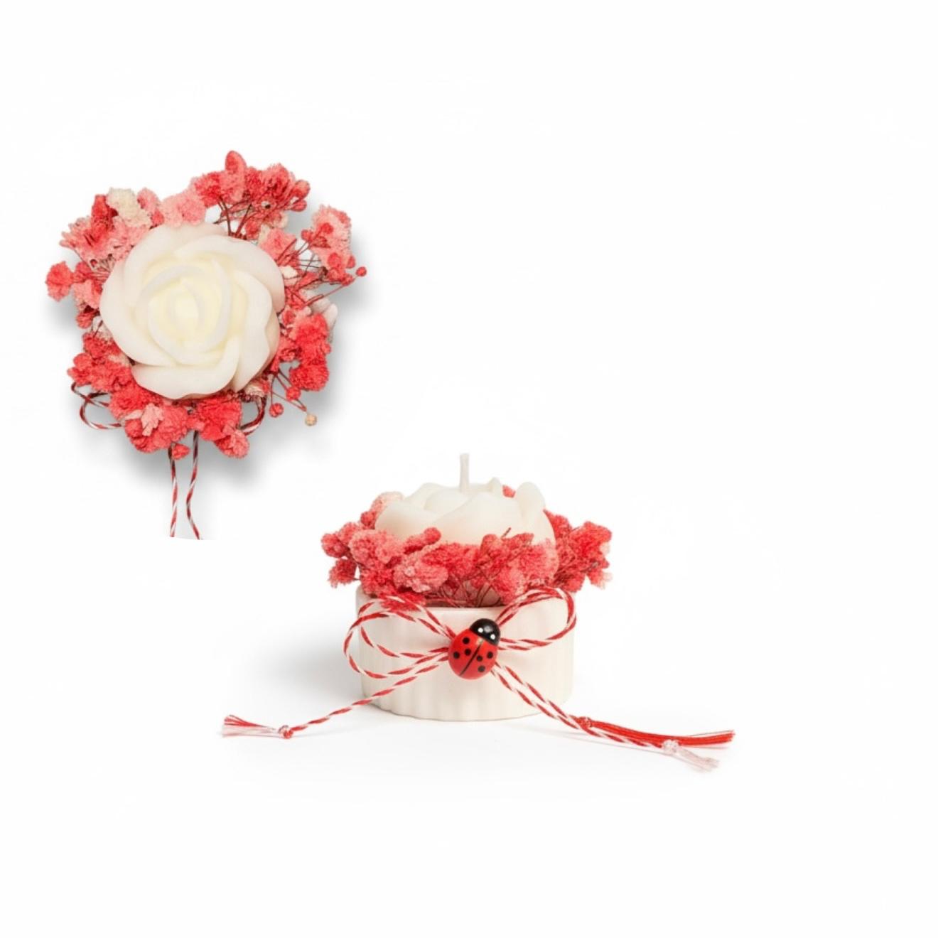 Martisor floral din ceara mini in vas decorativ cu flori uscate – imagine 1