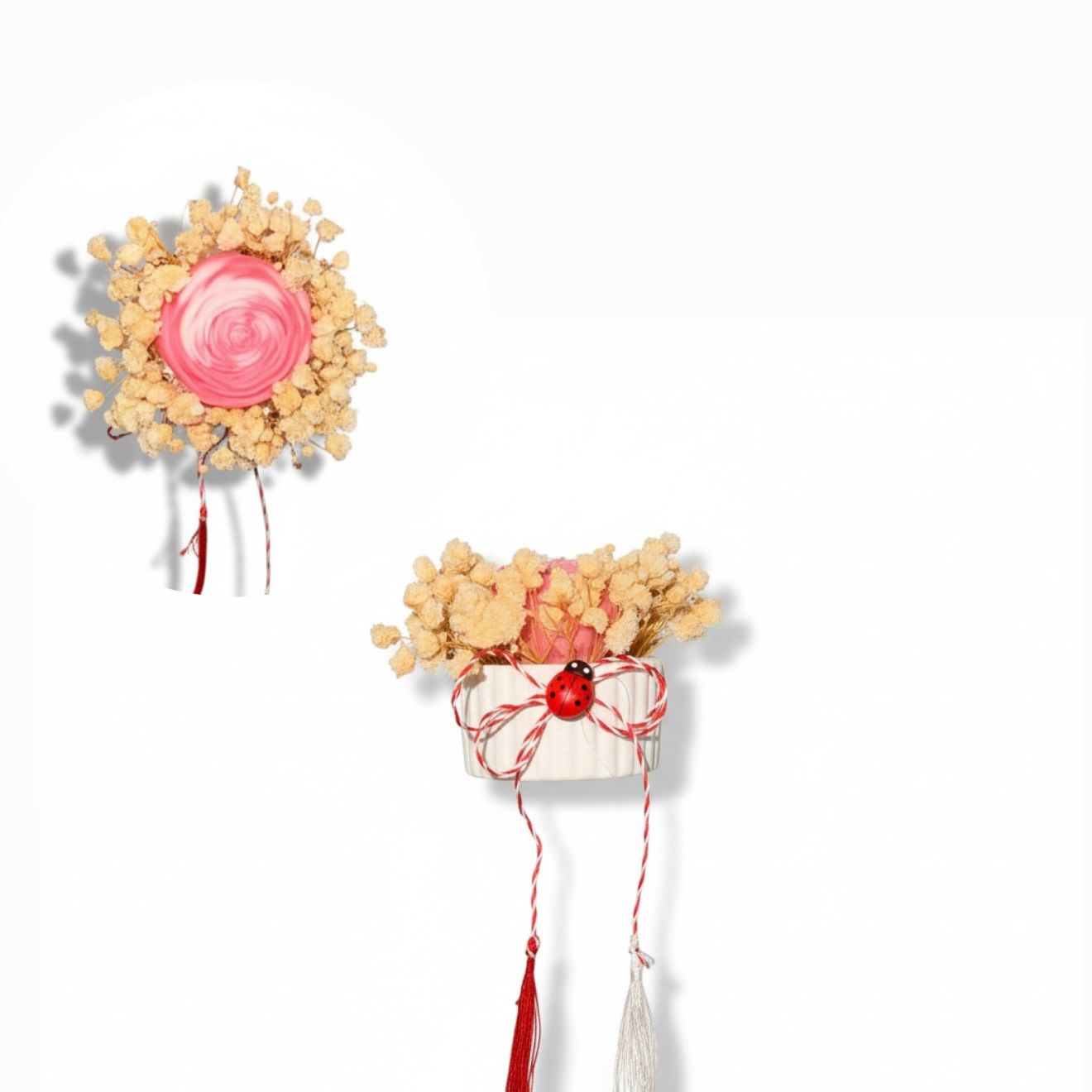 Martisor floral din ceara mini in vas decorativ cu flori uscate – imagine 2