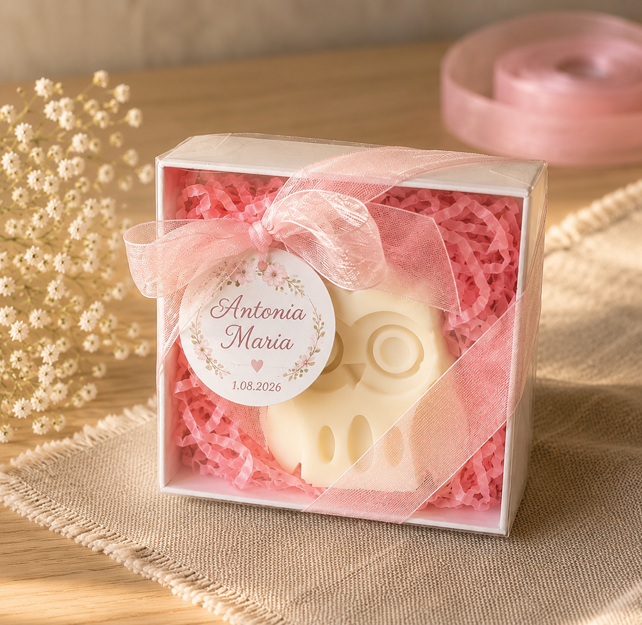 Mărturie Lumânare Bufniță Din Ceară De Soia În Cutie Personalizată – imagine 1
