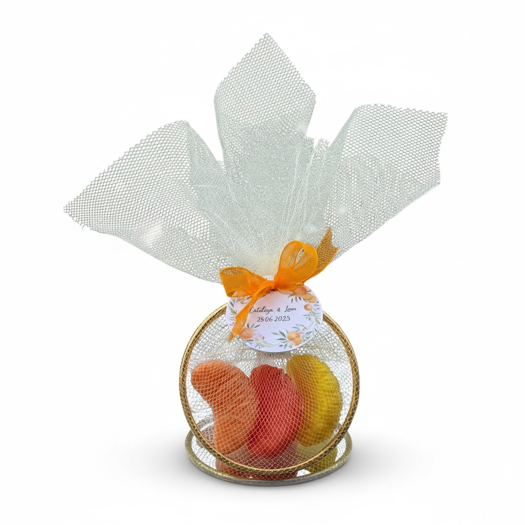 Marturie felii portocala in suport auriu cu tulle – imagine 1