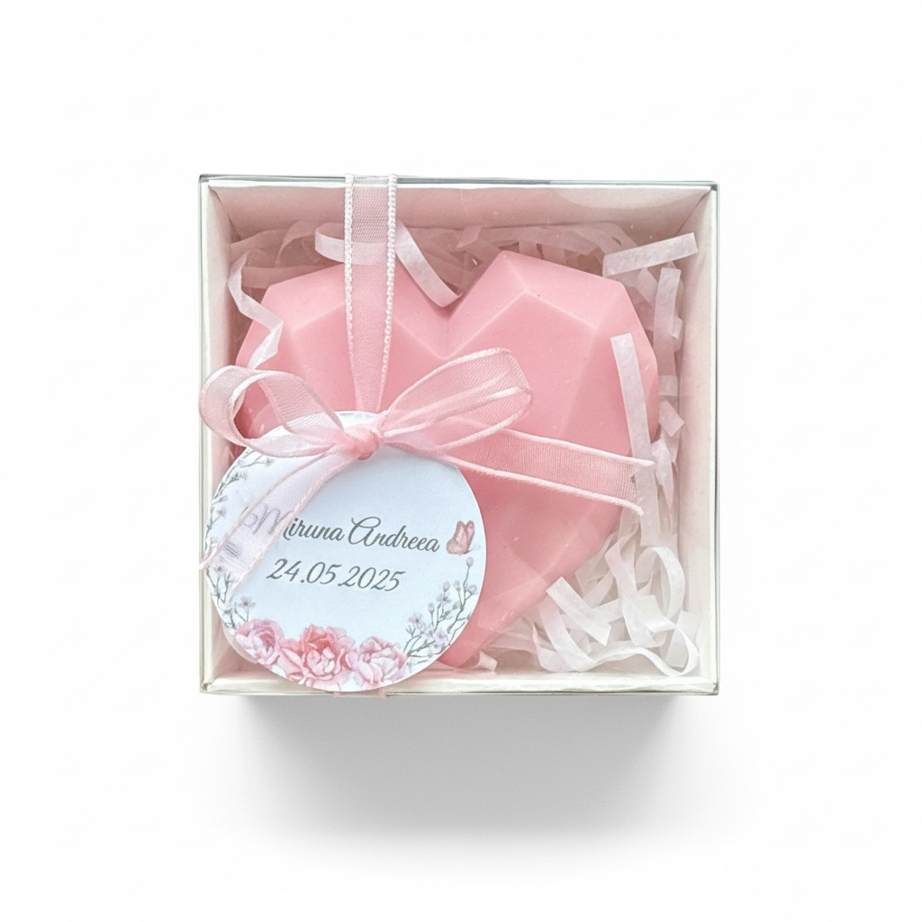 Marturie lumanare in forma de inima roz neteda in cutie transparenta cu eticheta personalizata – imagine 1