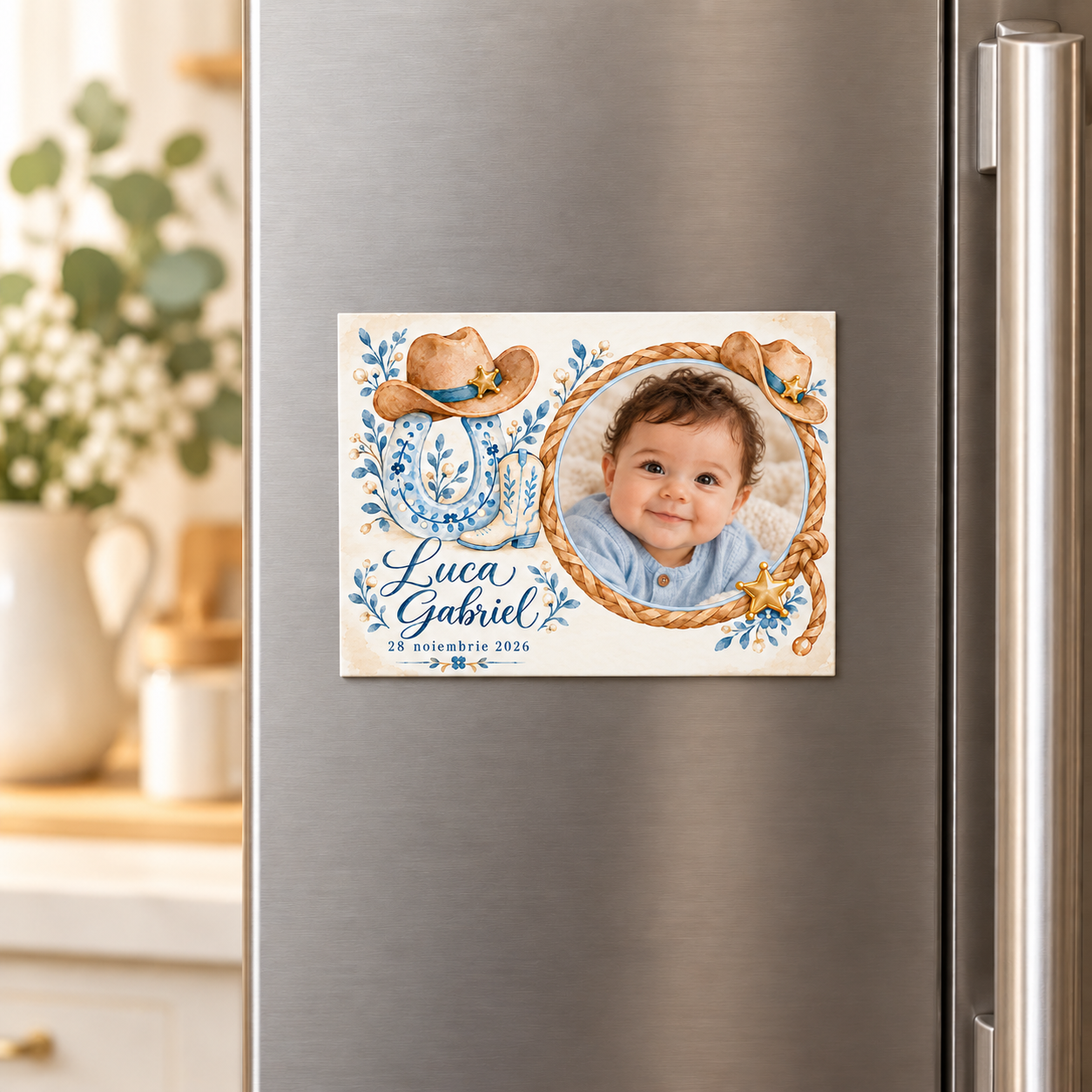 Mărturie magnet botez Cowboy cu fotografie – imagine 3