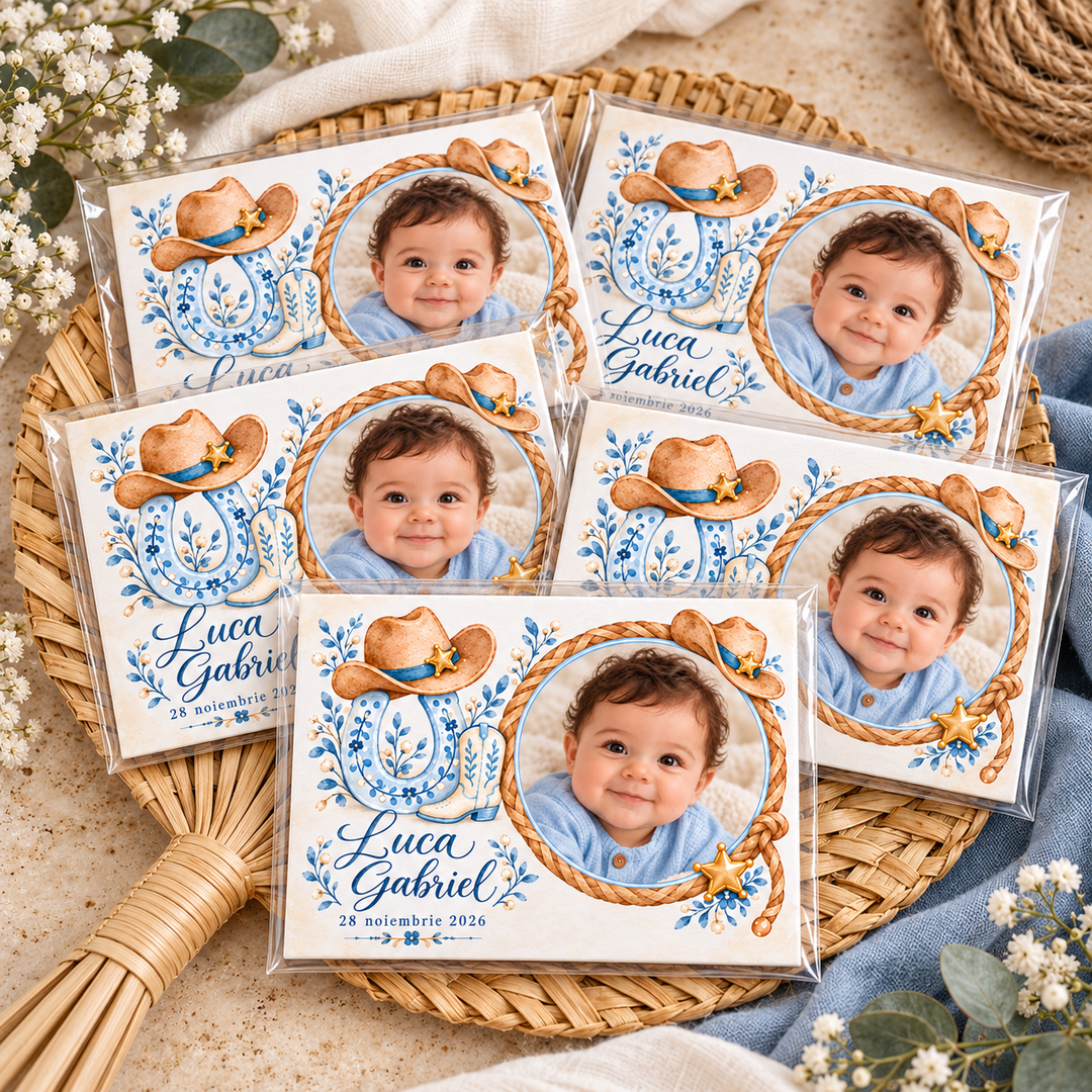 Mărturie magnet botez Cowboy cu fotografie – imagine 2