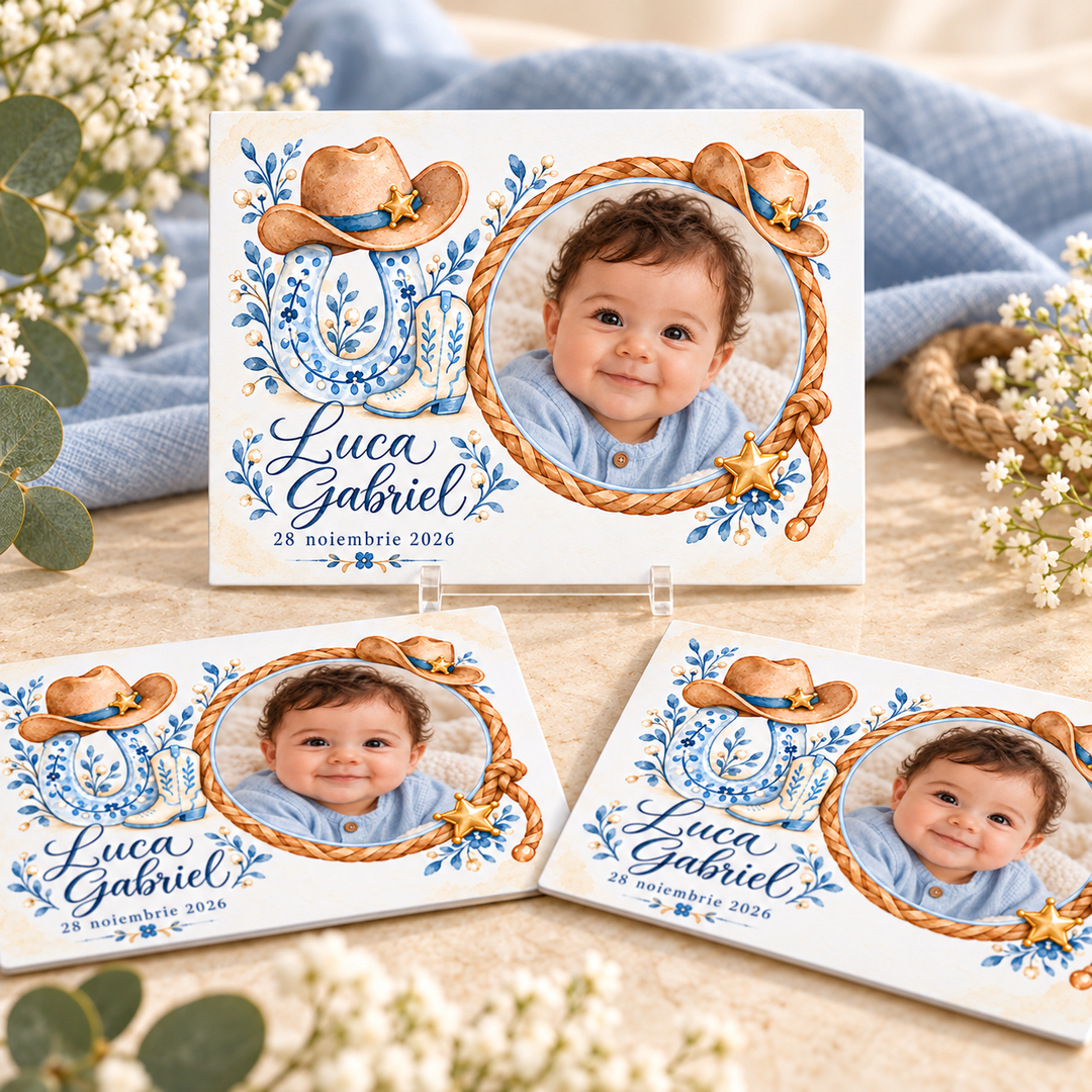 Mărturie magnet botez Cowboy cu fotografie – imagine 1