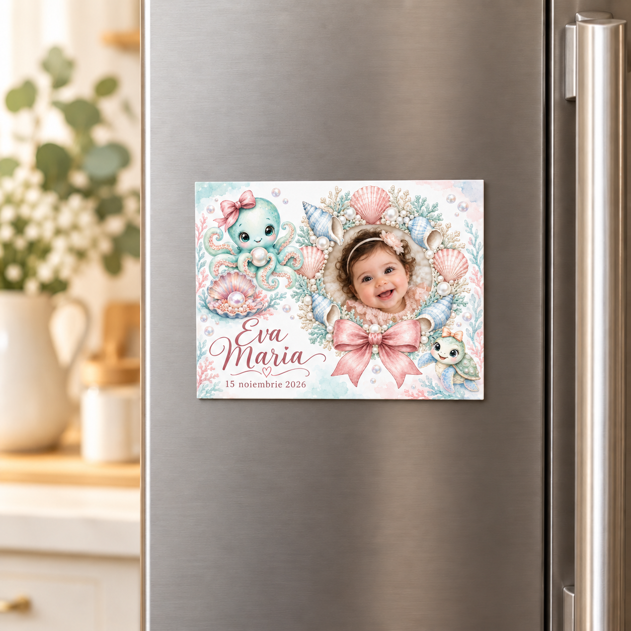 Mărturie magnet botez Little Pearl cu fotografie – imagine 3