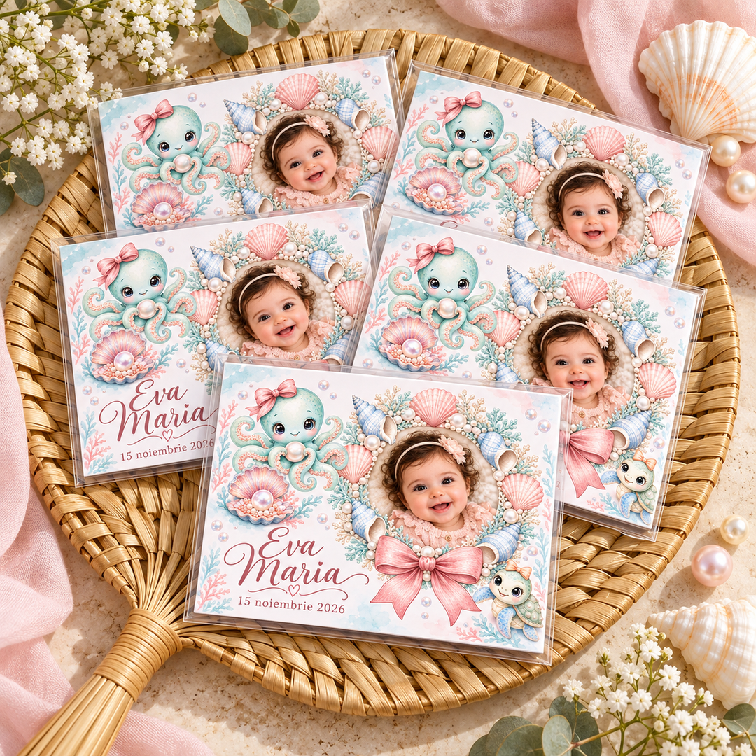 Mărturie magnet botez Little Pearl cu fotografie – imagine 2