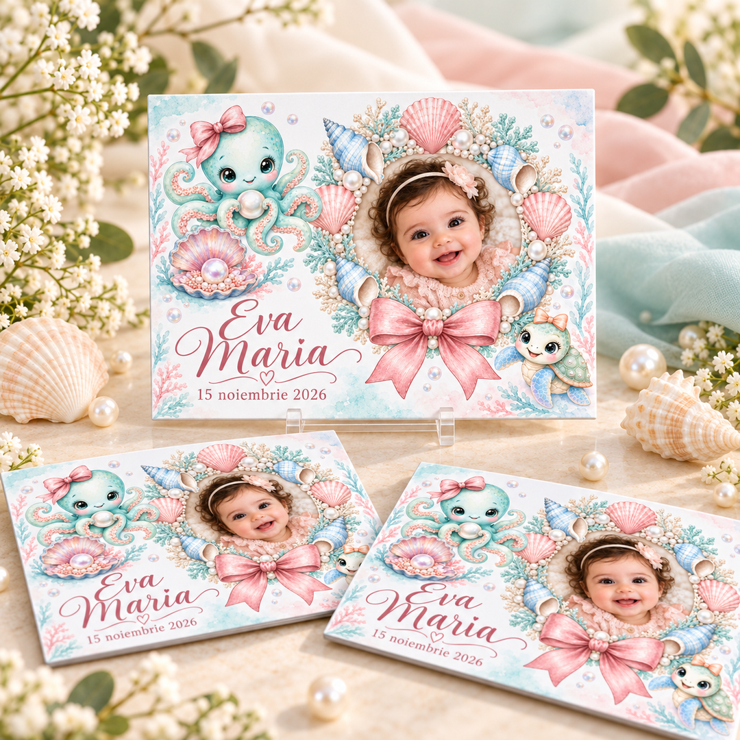 Mărturie magnet botez Little Pearl cu fotografie – imagine 1