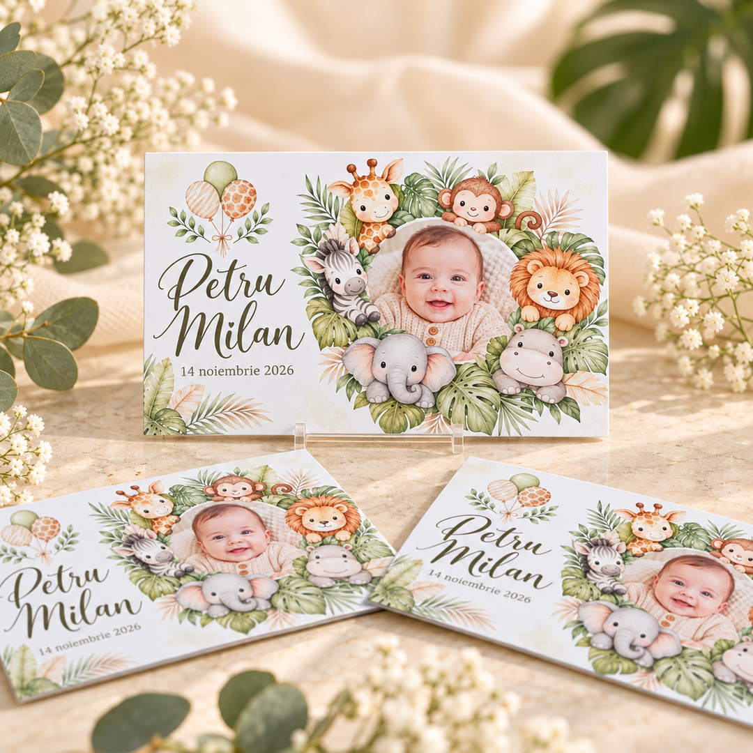 Mărturie magnet botez Safari cu fotografie – imagine 1