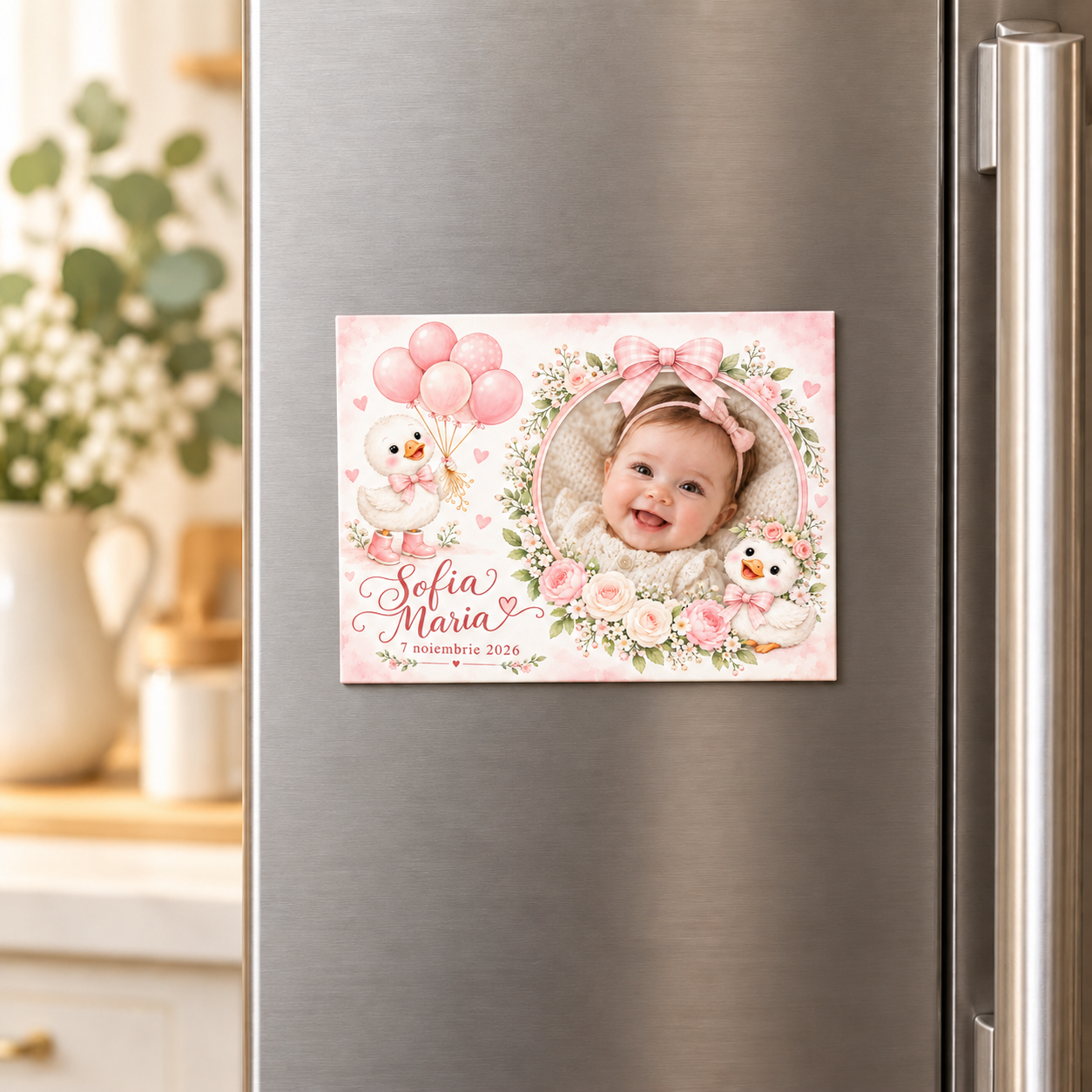 Mărturie magnet botez Rățușcă roz cu fotografie – imagine 3
