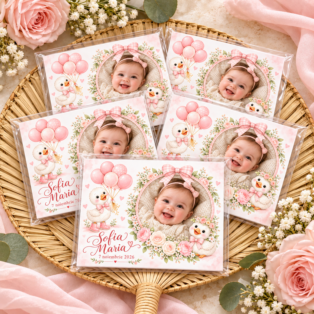 Mărturie magnet botez Rățușcă roz cu fotografie – imagine 2