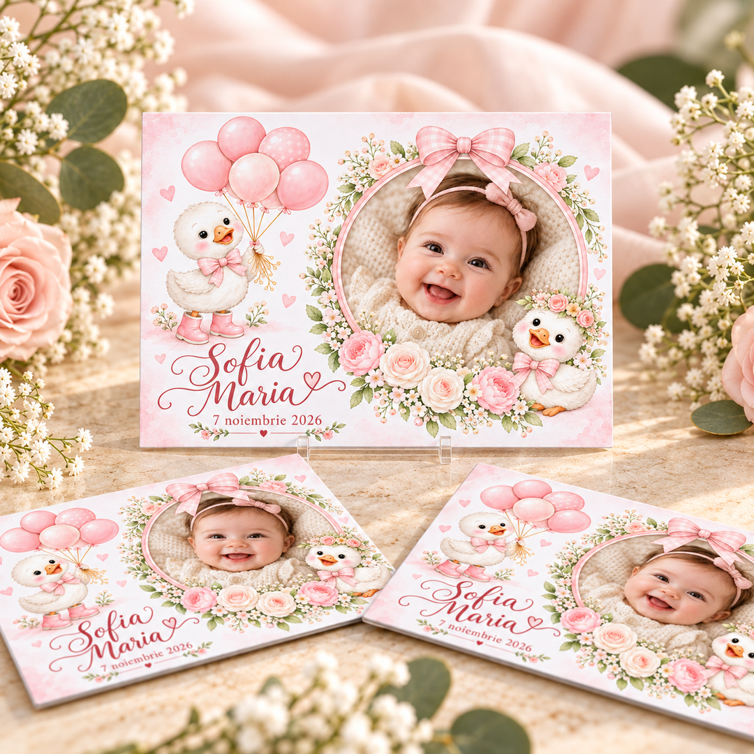 Mărturie magnet botez Rățușcă roz cu fotografie – imagine 1