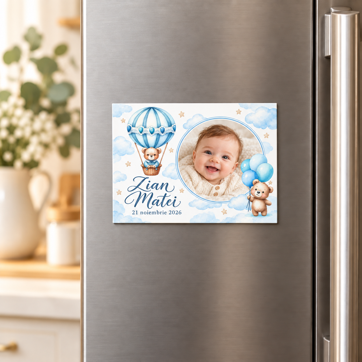Mărturie magnet botez Ursuleț și balon bleu cu fotografie – imagine 3
