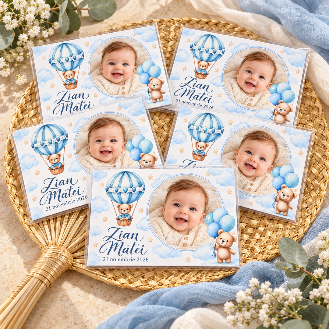 Mărturie magnet botez Ursuleț și balon bleu cu fotografie – imagine 2