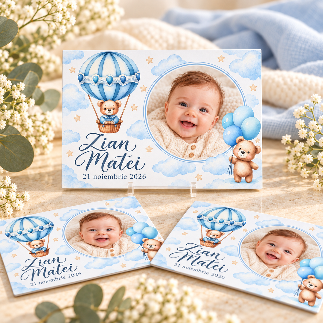 Mărturie magnet botez Ursuleț și balon bleu cu fotografie – imagine 1