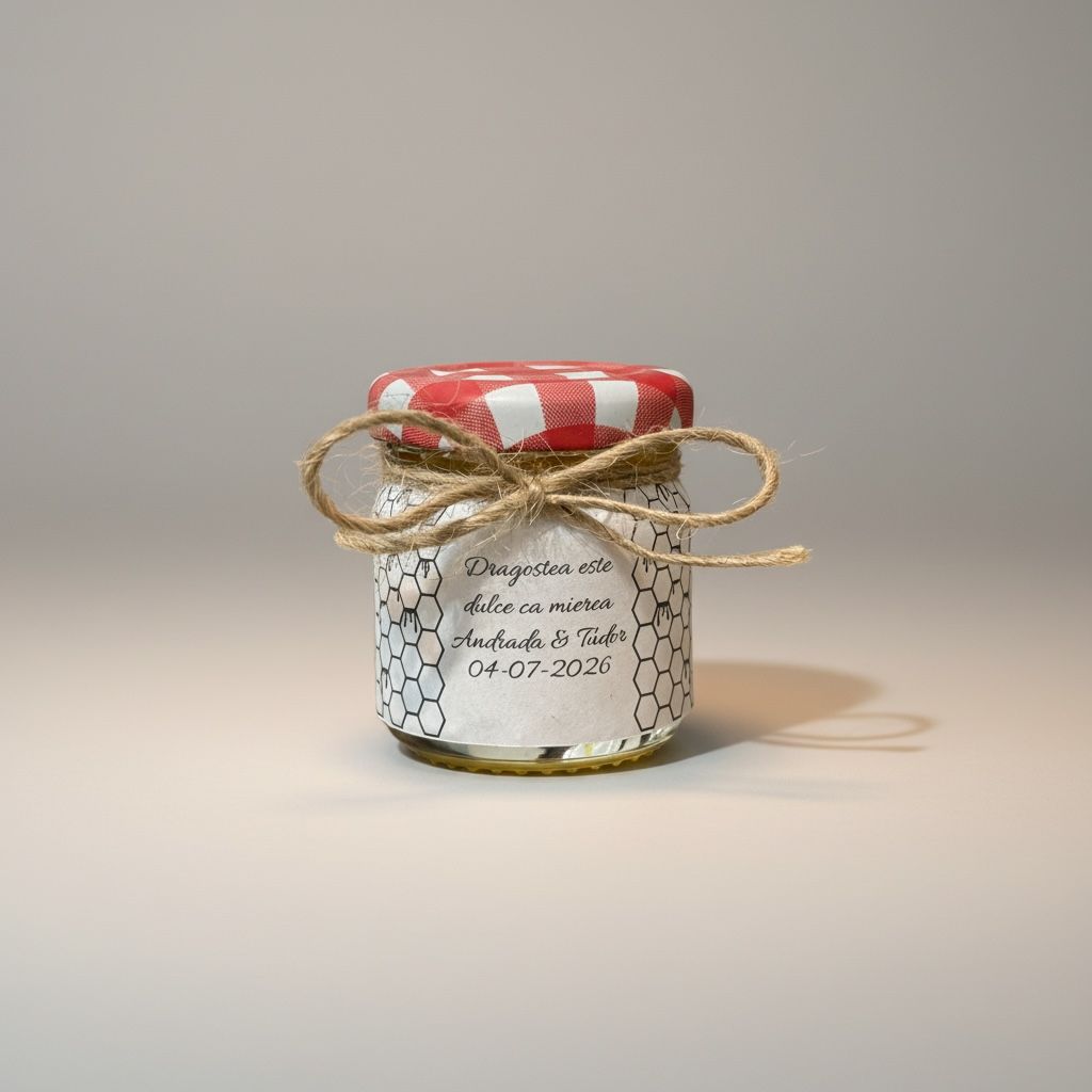 Marturie nunta borcanel cu miere 40ml capac carouri – imagine 1