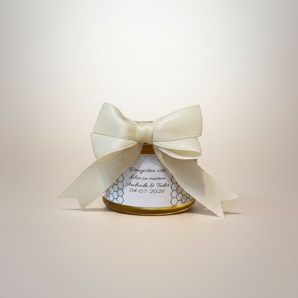 Marturie nunta borcanel cu miere 50ml si fundita satin – imagine 1
