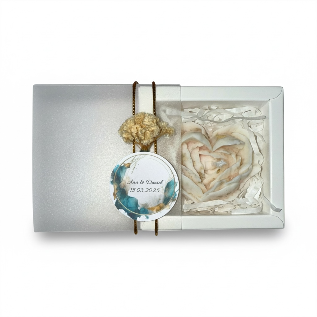 Marturie lumanare trandafir inima ivory-roz in cutie cu eticheta personalizata – imagine 1
