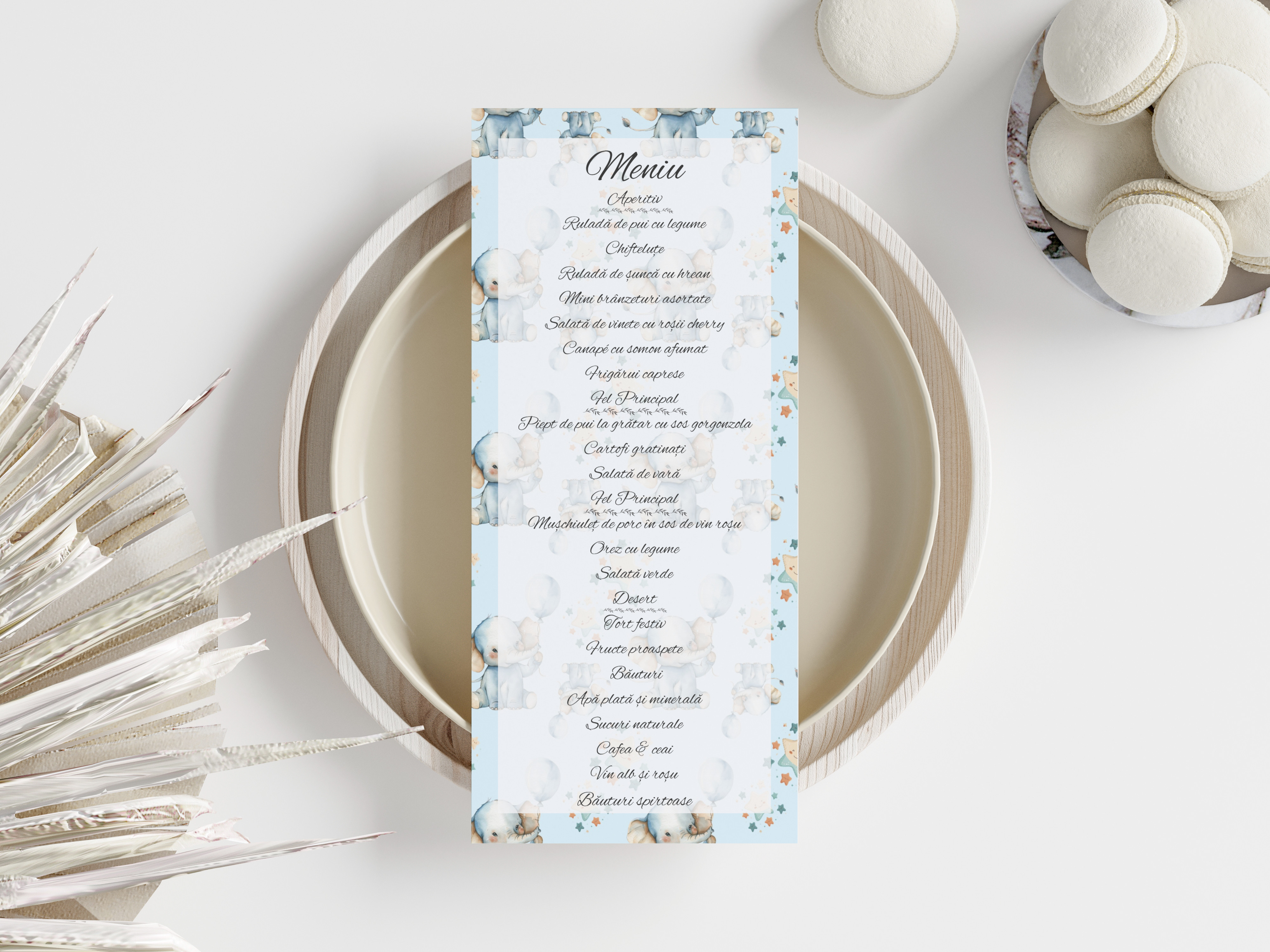 Meniu botez elefant albastru 9.9x21 cm – imagine 1