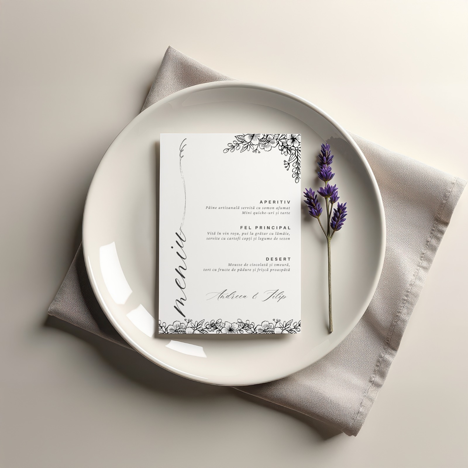 Meniu nunta elegant floral minimalist A5 – imagine 1