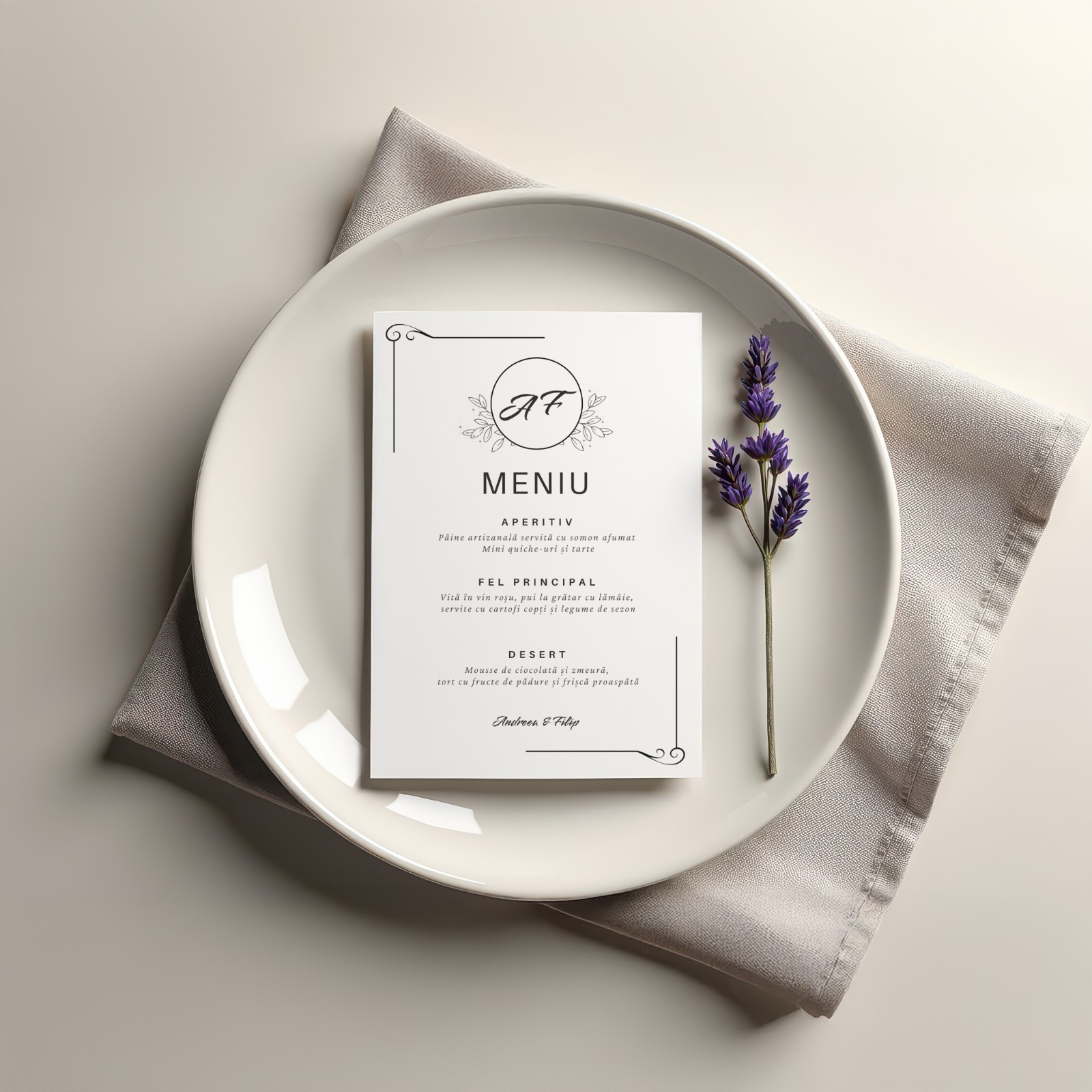 Meniu nunta elegant cu monograma A5 – imagine 1