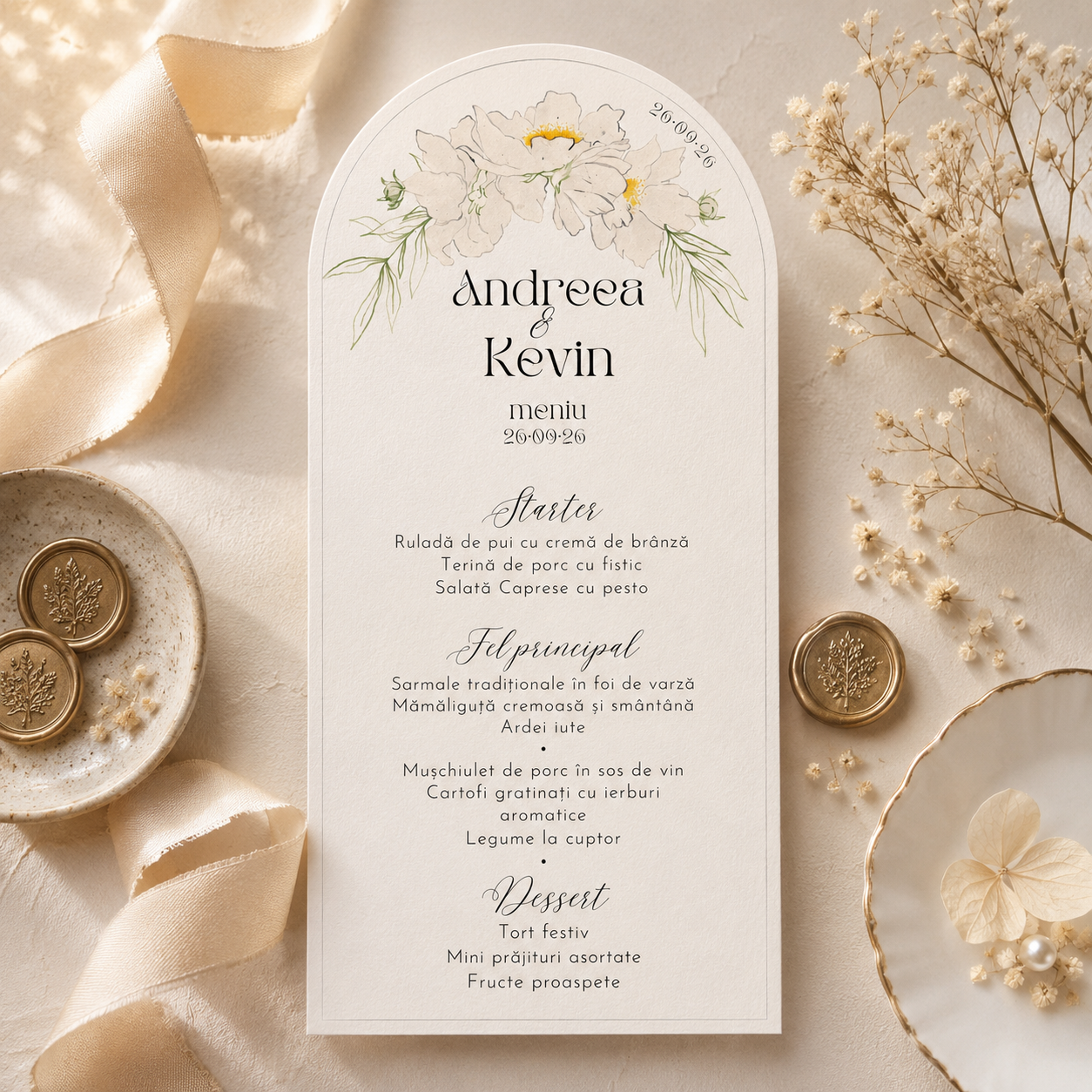Meniu de Nuntă Personalizat Arcuit cu Flori – Model Floral Elegant – imagine 1