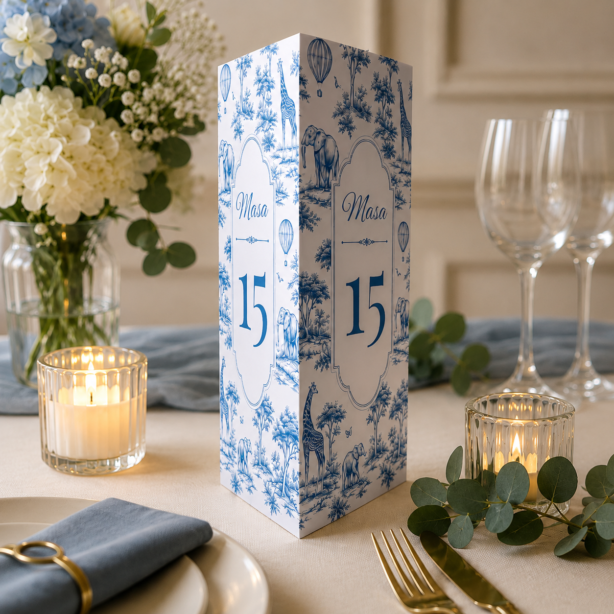 Număr De Masă Nuntă Personalizat Toile de Jouy Albastru – Model Elegant Safari – imagine 1