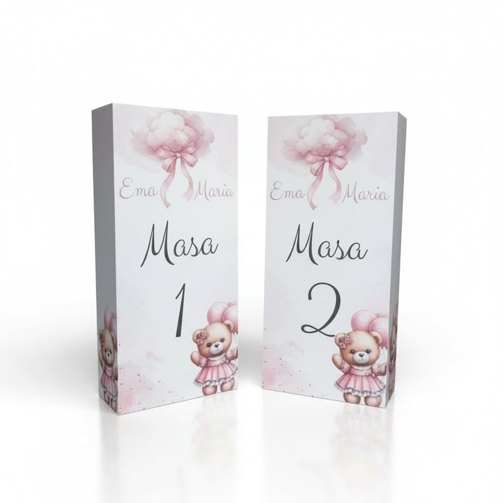 Numar de masa botez cu ursulet roz personalizat – imagine 1