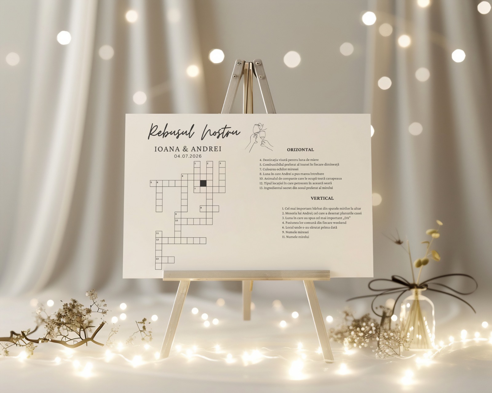 Panou Rebus Personalizat Nuntă (Vânzare panou + Șevalet inclus) Alb-negru – imagine 1