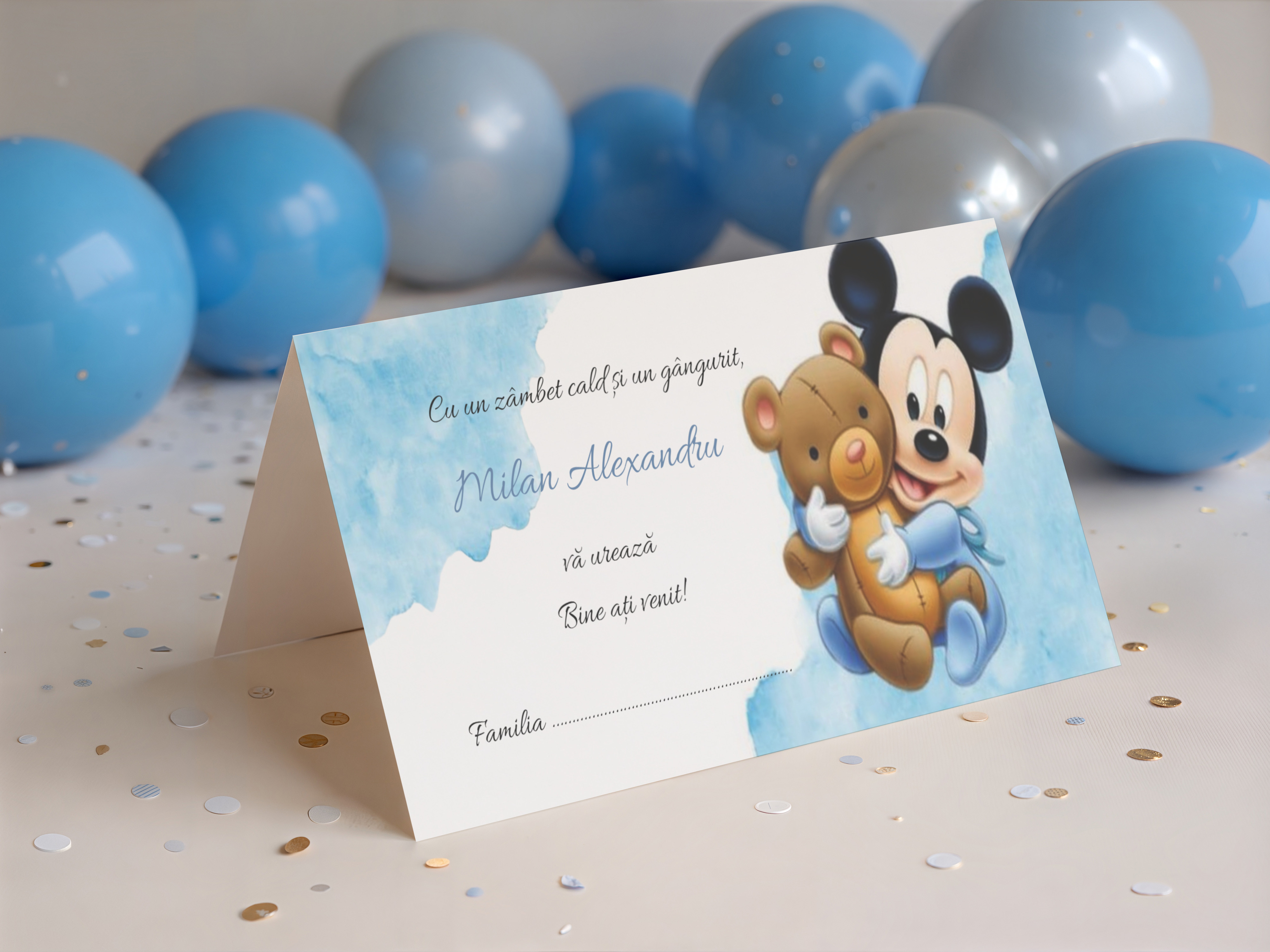 Plic botez bleu cu ursulet si Mickey – imagine 1