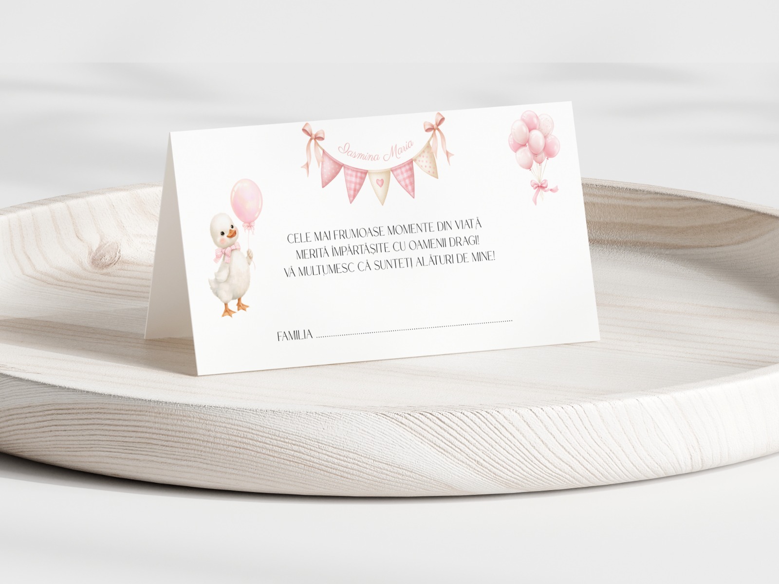 Plic De Dar Botez Fetiță Personalizat Cu Rățușcă Și Baloane Roz – imagine 1